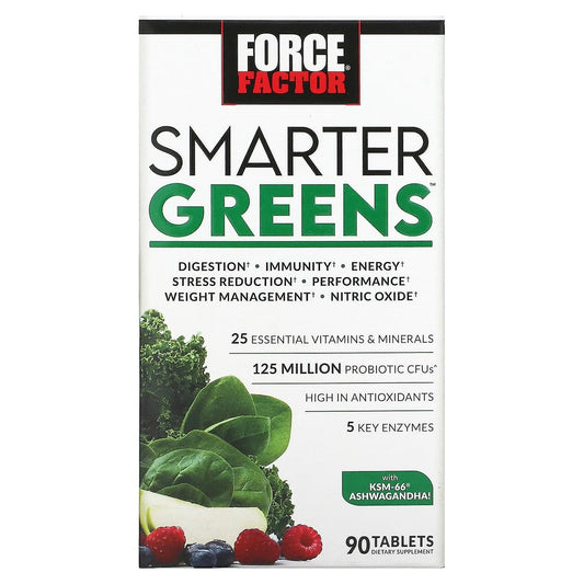 Force Factor Smarter Greens vitamins and supplements bottle with 90 tablets, a daily superfood and vitality formula.