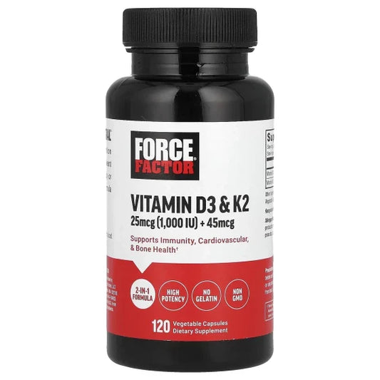 Force Factor Vitamin D3 & K2 vegetable capsules, dietary supplements in a clear bottle with label showing product details