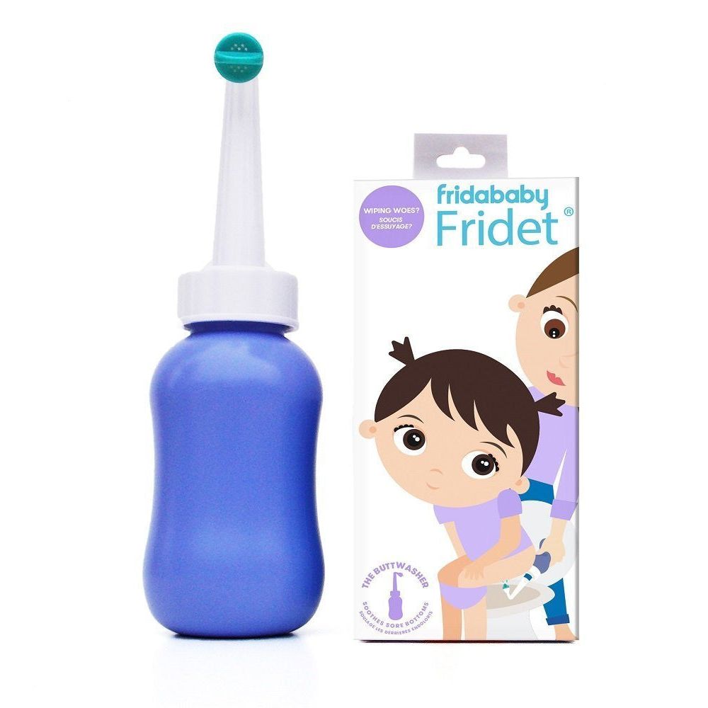 FridaBaby Fridet The ButtWasher in blue, a portable baby hygiene device with a soft spray for gentle cleaning.