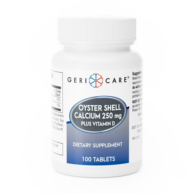 Geri-Care Oyster Shell Calcium with Vitamin D3 tablets, 250 mg, 100-unit dose, dietary supplement for bone health from Pasteur Pharmacy