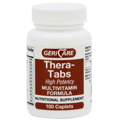 Geri-Care Thera-Tabs M multivitamin with minerals supplement in a bottle of 100 capsules, designed for adult daily health support