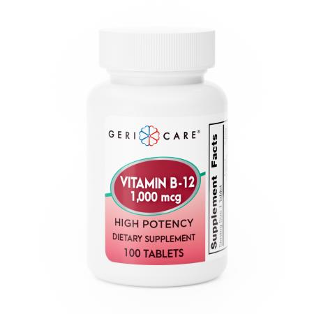Geri-Care Vitamin B12 tablets 1000mcg, dietary supplement, 100-count bottle, natural list of vitamins and supplements.