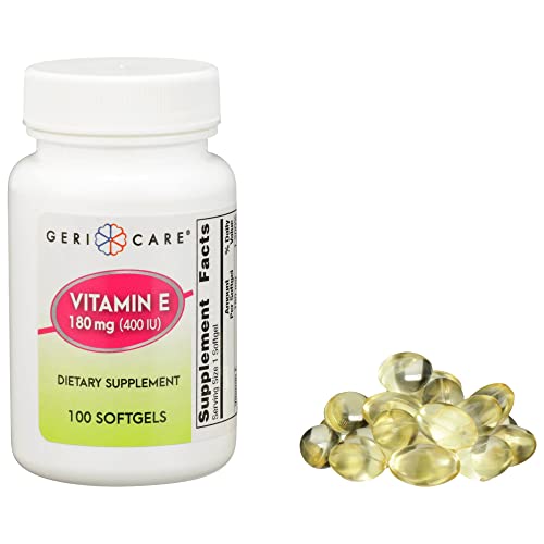 Geri-Care Vitamin E supplement softgels in a bottle, 400 IU strength, for immune support and skin health, by Pasteur Pharmacy.