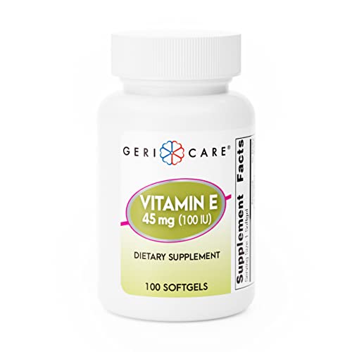 GeriCare Vitamin E 45 mg (100 IU) antioxidant dietary supplement in 100 softgels, from Pasteur Pharmacy, showing softgel capsules.