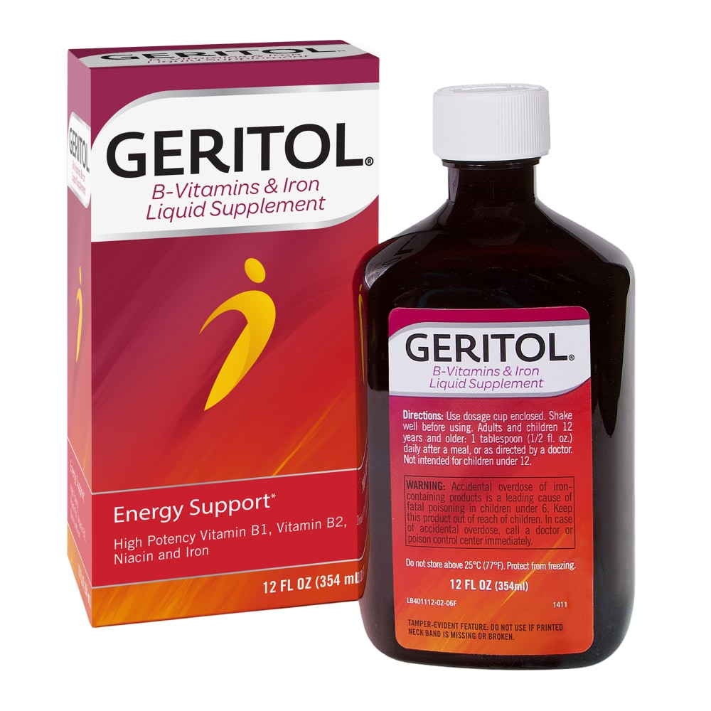 Geritol Liquid Vitamin and Iron supplement bottle from Pasteur Pharmacy, dietary supplement for energy support, vitamins, and minerals.