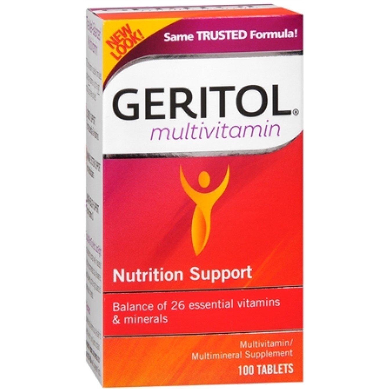 Geritol Multivitamin Nutrition Support Tablets in a 100-count bottle, dietary supplement from Pasteur Pharmacy.