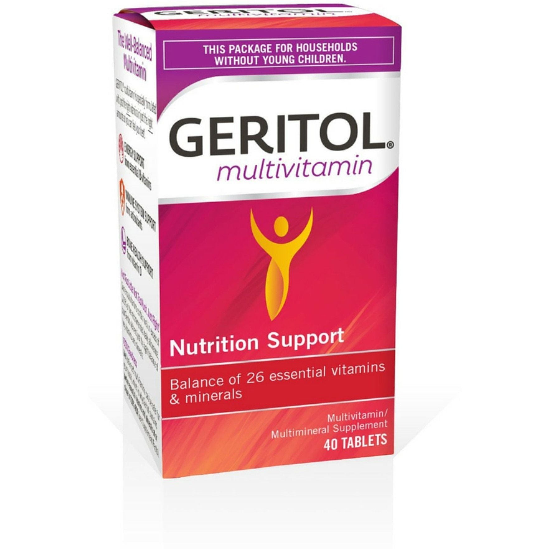 Geritol multivitamin nutrition support tablets in a bottle, dietary supplement for daily vitamin intake.