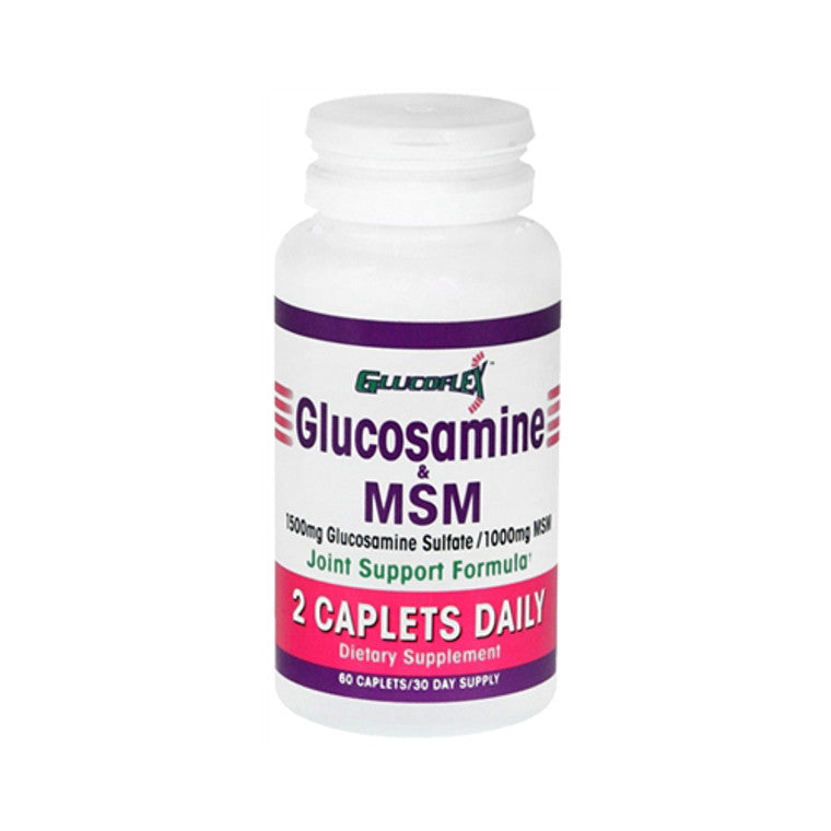 Glucoflex glucosamine and MSM caplets, a bottle of 60 dietary supplement caplets for joint support and healthy cartilage.