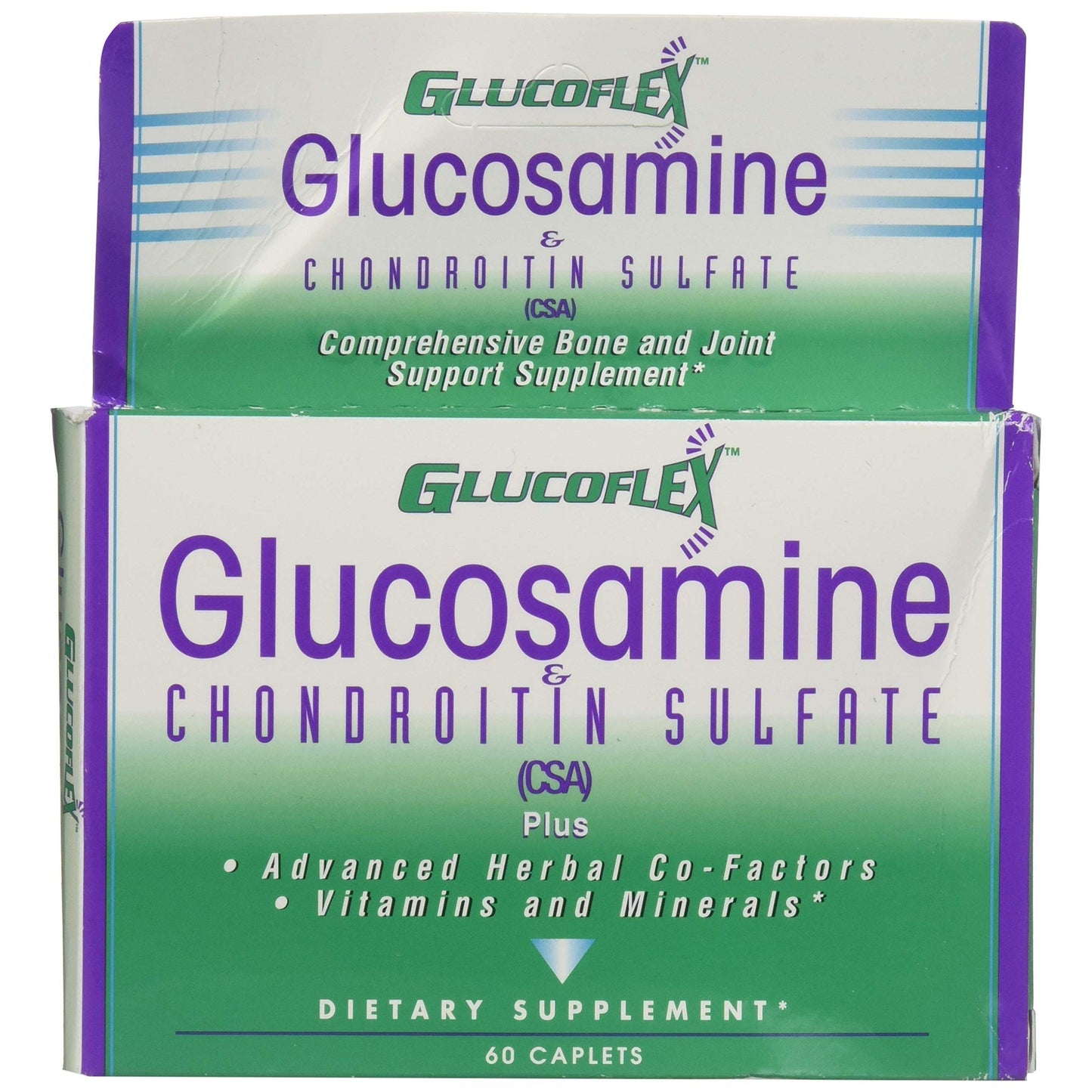 Glucoflex Glucosamine & Chondroitin Sulfate supplement bottle with 60 caplets, designed for joint health and mobility.