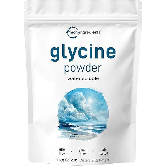 Glycine USP powder in a 1000g container from Pasteur Pharmacy, supplement for amino acid health and nutritional support.