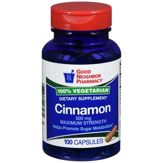 GNP Maximum Strength Cinnamon 500mg capsules in a bottle, dietary supplement from Pasteur Pharmacy, 100-count bottle.