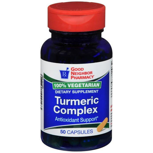 Bottle of GNP Turmeric Complex capsules from Pasteur Pharmacy, a dietary supplement with turmeric extract for wellness.