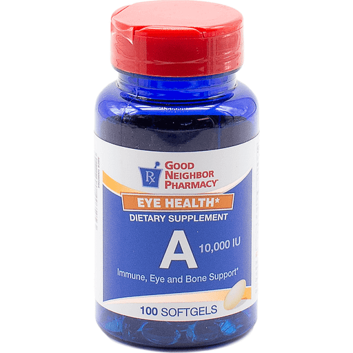 GNP Vitamin A 10,000 Unit softgels by Pasteur Pharmacy, 100-count bottle of vitamin supplement capsules