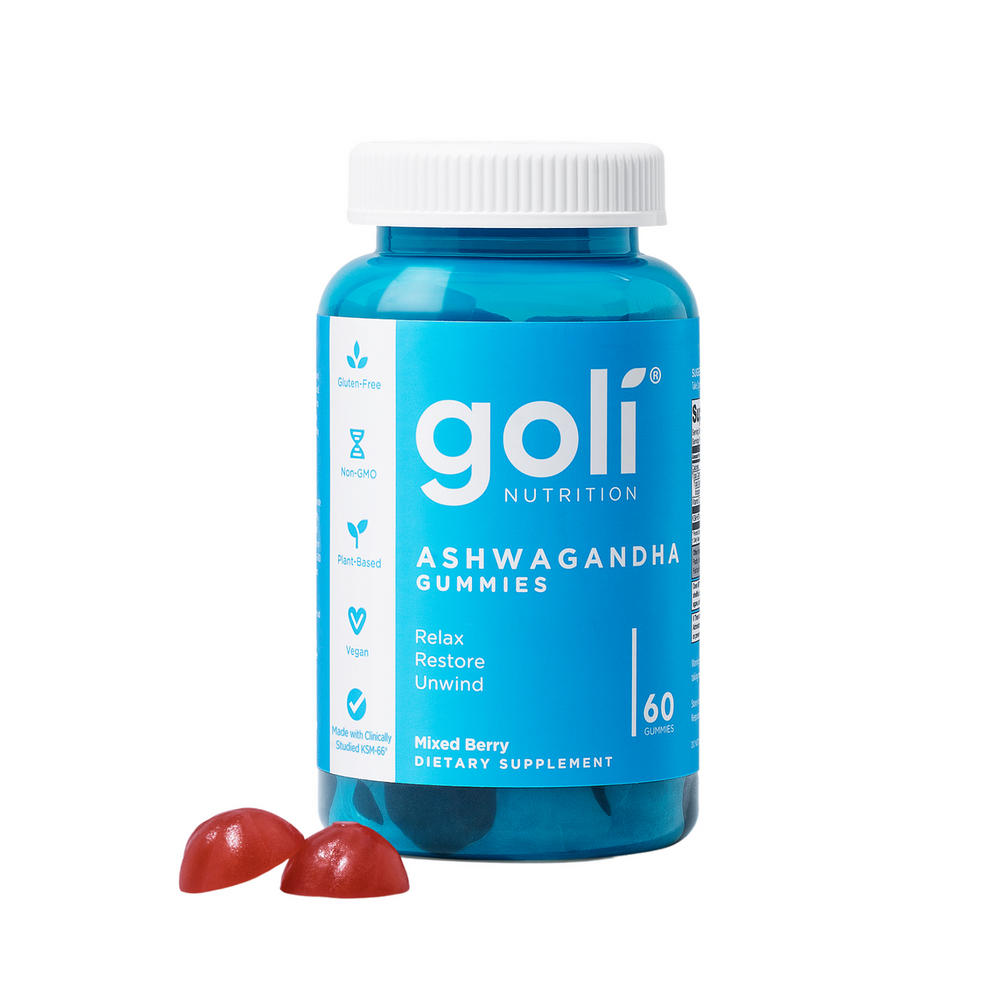 Goli Nutrition Ashwagandha Gummies in mixed berry flavor, 60 vegan vitamins and supplements with natural berry colors and gummies.