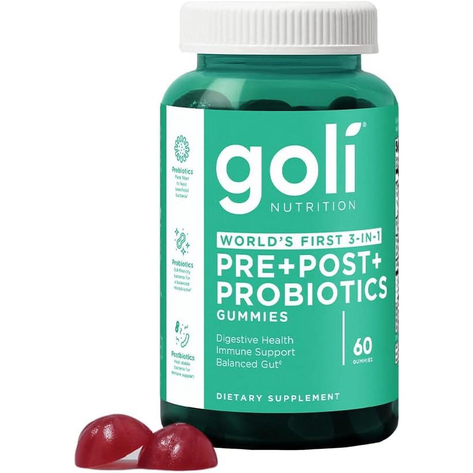 Goli Nutrition vegan gummies for pre, post, and probiotics, 60 count, dietary vitamins and supplement in a colorful bottle