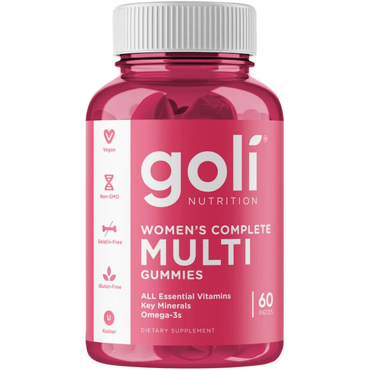 Goli Nutrition Women's Complete Multi Gummies in a clear bottle, showing colorful gummy vitamins for women, dietary supplement.