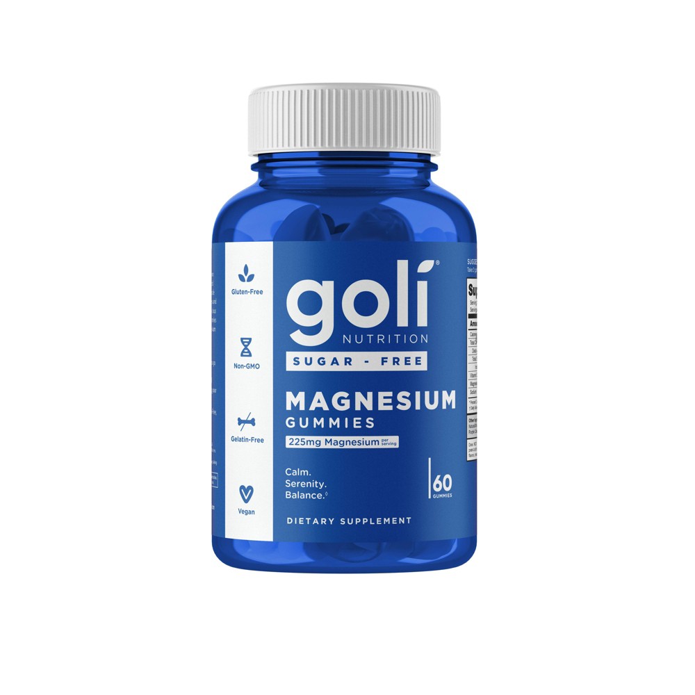 Goli® Nutrition Zero Sugar Magnesium Gummies in berry flavor, vitamin and supplement product with colorful gummy shapes and berry flavor packaging.