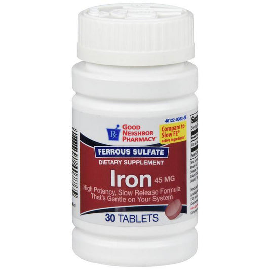 Good Neighbor GNP Iron Slow Release 45mg vitamins and supplements, 30 tablets shown in the image.