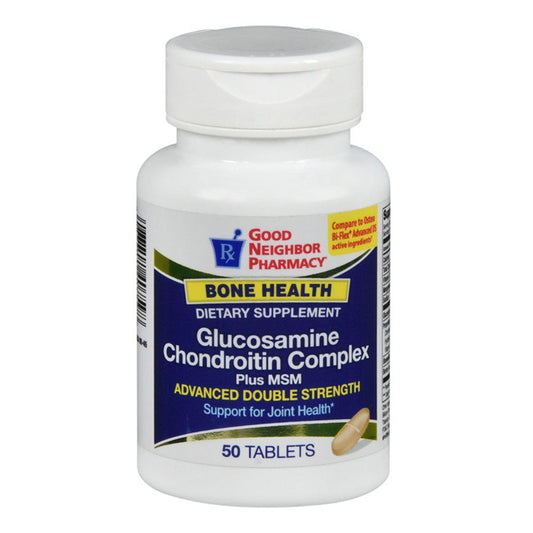 Bottle of Good Neighbor Pharmacy Glucosamine Chondroitin Complex vitamins and supplements, 50 tablets in a clear container.