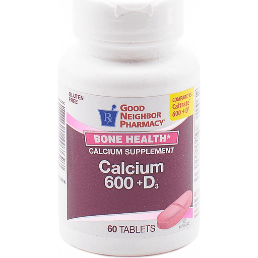 Bottle of Good Neighbor Pharmacy GNP Calcium Plus + D3 600 Mg vitamin supplements with 60 tablets from Pasteur Pharmacy.