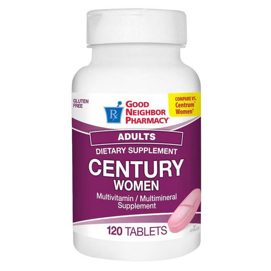 Bottle of Good Neighbor Pharmacy GNP Century adult women’s multivitamin tablets from Pasteur Pharmacy, 120 count, in a white container
