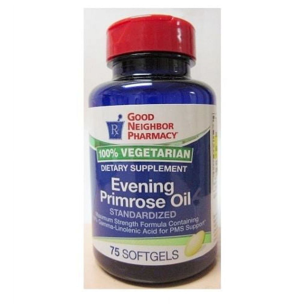 Bottle of Good Neighbor Pharmacy GNP Evening Primrose Oil 500 mg supplements by Pasteur Pharmacy, showing the label and capsules.