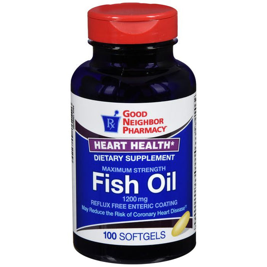 Good Neighbor Pharmacy GNP Fish Oil 1200 Mg enteric-coated softgel caps, dietary supplement for omega-3 support.