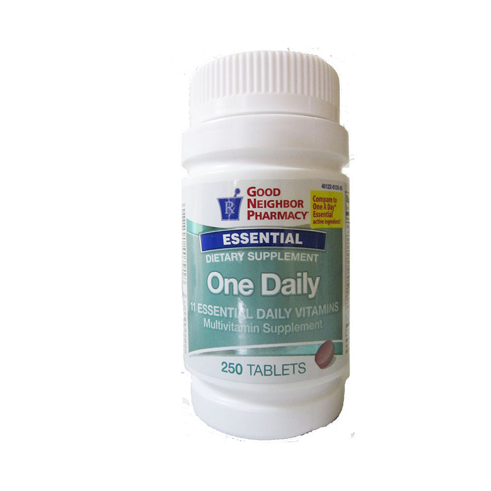 Bottle of Good Neighbor Pharmacy GNP One Daily 10 Essential Vitamins supplement by Pasteur Pharmacy with 250 tablets.