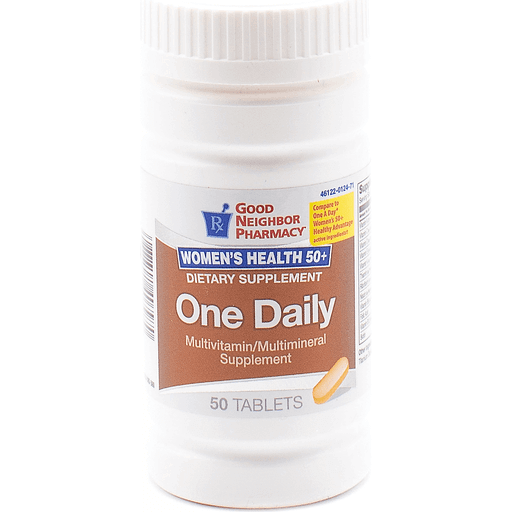 Bottle of Good Neighbor Pharmacy GNP One Daily Women 50+ multivitamins and supplements in a clear container with a label.