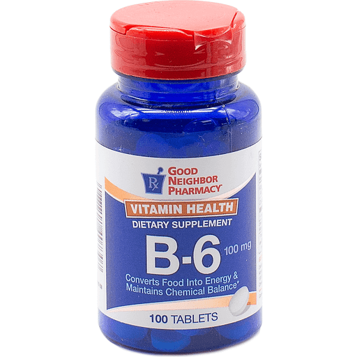 Bottle of Good Neighbor Pharmacy GNP Vitamin B-6 supplements in white packaging with label showing product details.