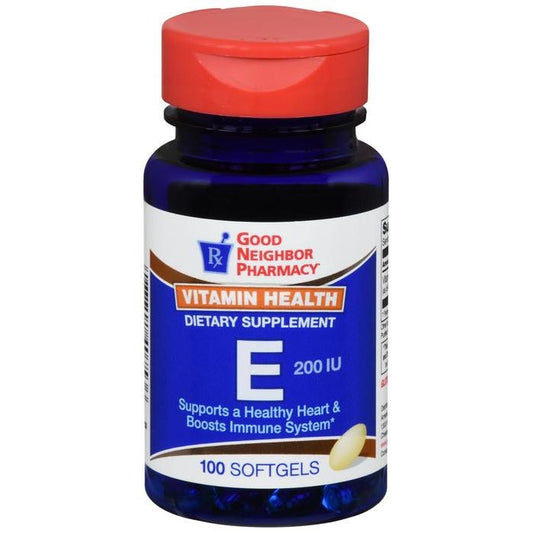 Bottle of Good Neighbor Pharmacy GNP Vitamin E 200 IU supplements by Pasteur Pharmacy, showing the label and capsules.