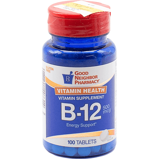 Bottle of Good Neighbor Pharmacy GNP Vitamin B-12 500 mcg supplements with 100 tabs, in a clear container.