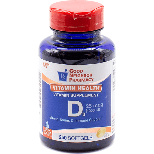 Pasteur Pharmacy Good Neighbor Pharmacy GNP Vitamin D 1000iu softgel capsules, 250-count, supplement for bone health