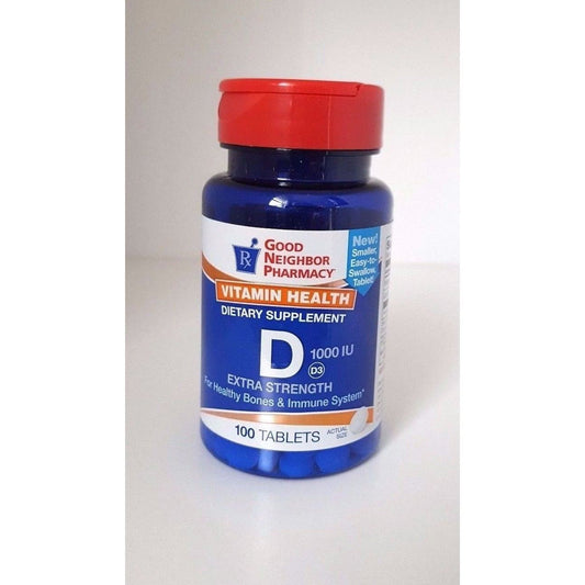 Pasteur Pharmacy Good Neighbor Pharmacy Vitamin D3 1000IU supplement bottle with 100 tablets, dietary vitamins and supplements.