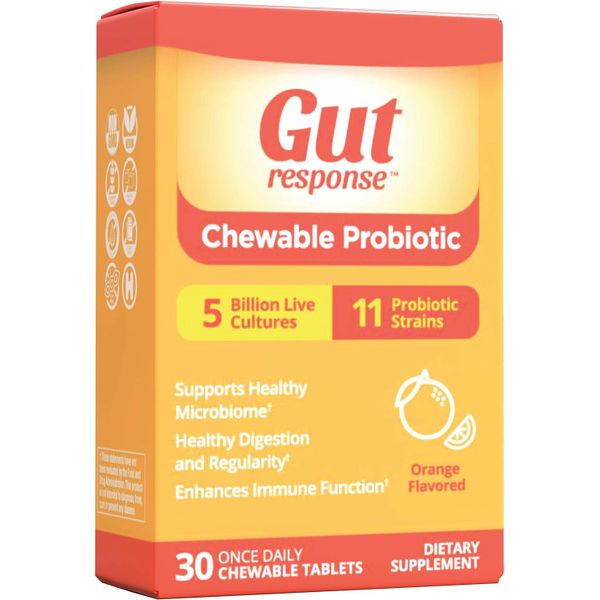 Chewable probiotic supplement in a bottle, Gut Response by Pasteur Pharmacy, 30 capsules for digestive health.