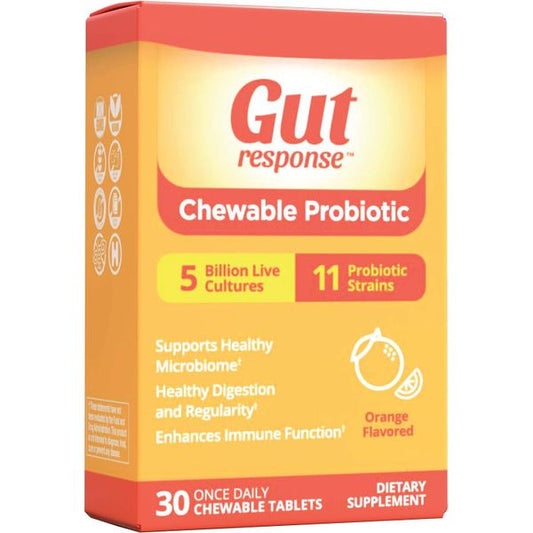 Chewable probiotic supplement in a bottle, Gut Response by Pasteur Pharmacy, 30 capsules for digestive health.