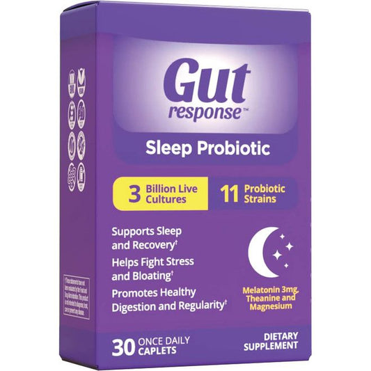 Gut Response Sleep probiotic capsules from Pasteur Pharmacy, dietary supplement in blister pack with capsules for gut health and sleep support.
