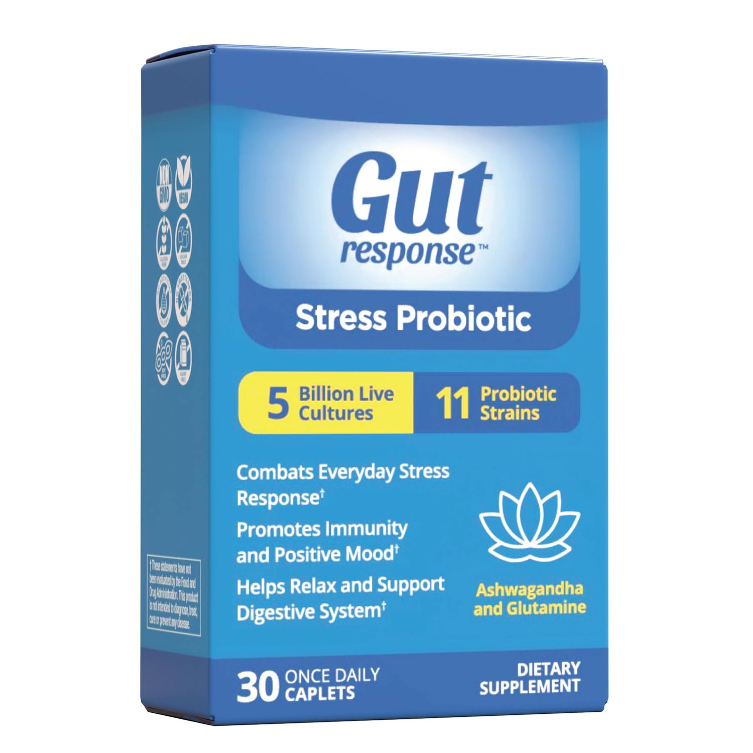 Gut Response Stress Probiotic Caplets for gut health and stress support, in a bottle of vitamins and supplements from Pasteur Pharmacy.