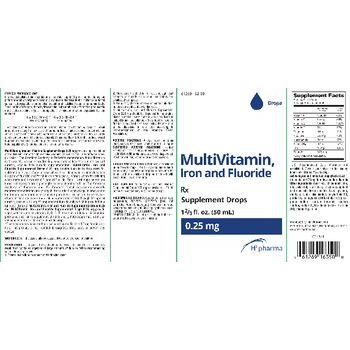 H2 Pharma multivitamin supplement with iron and fluoride bottles, colorful labels, and capsules on a white background