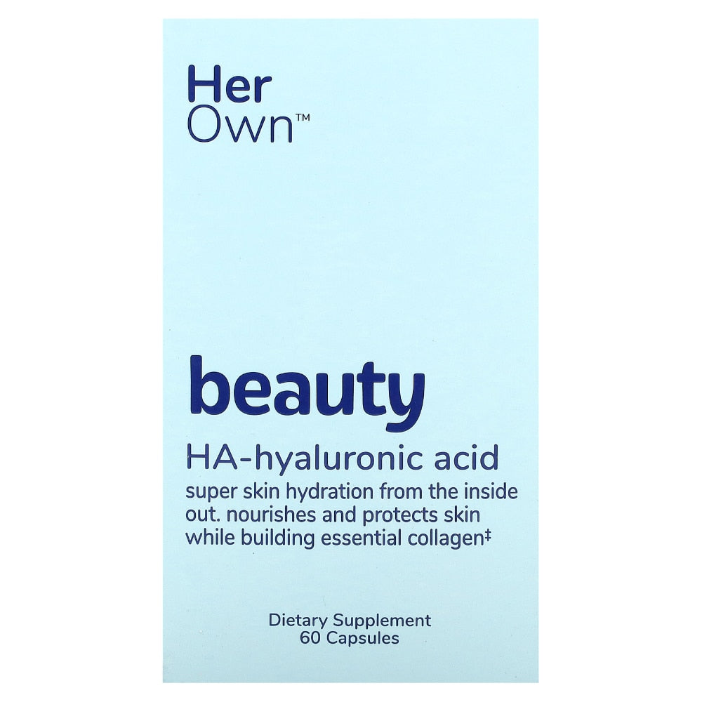 Her Own Beauty Hyaluronic Acid Capsules for skin hydration, shown in a clear bottle with supplement tablets inside.