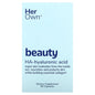 Her Own Beauty Hyaluronic Acid Capsules for skin hydration, shown in a clear bottle with supplement tablets inside.