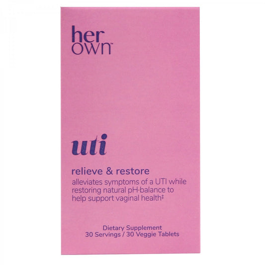 Her Own™ UTI Capsules triple action formula in a bottle, dietary supplement for urinary health from Pasteur Pharmacy.