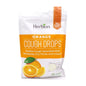 Herbion Naturals orange cough drops in a clear container, 25 drops of natural vitamins and supplements for soothing throat relief.