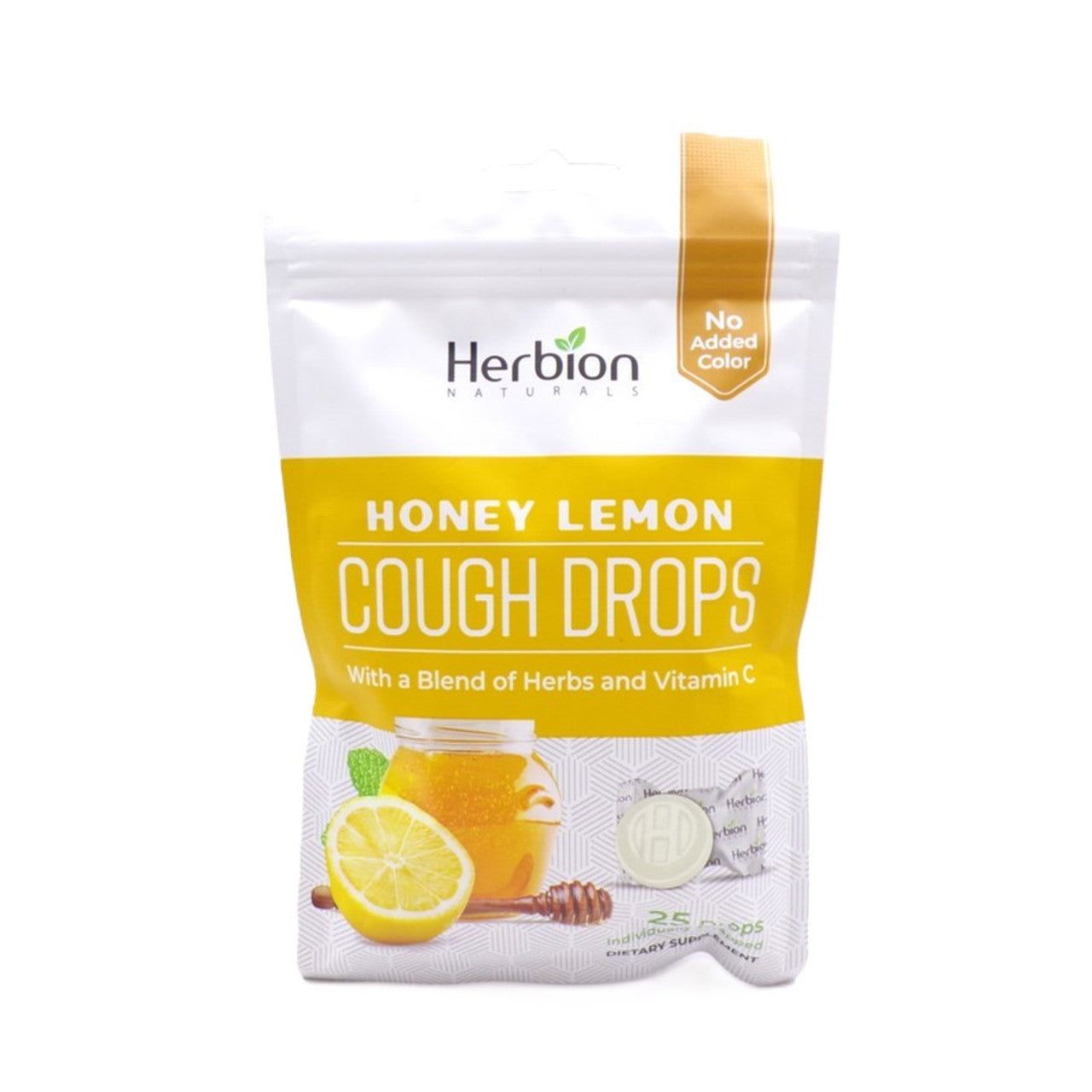 Herbion Naturals Honey Lemon Cough Drops in a 25-count package, natural vitamins and supplements for soothing coughs.