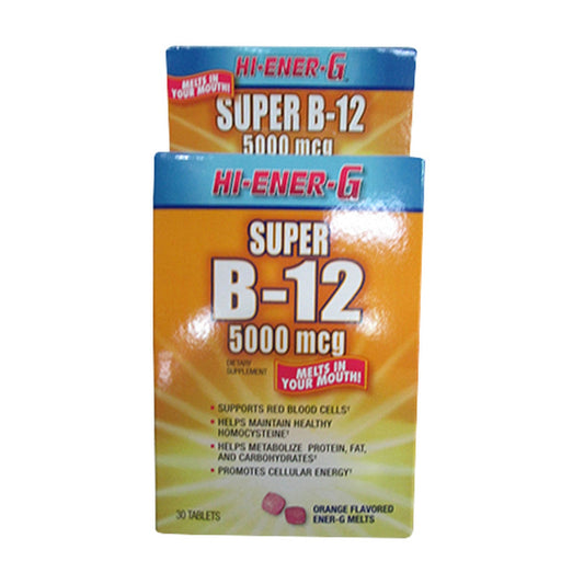 Hi-Ener-G Super B12 5000 mcg tablets by Windmill, vitamin B12 supplement, shown in blister pack with tablets.