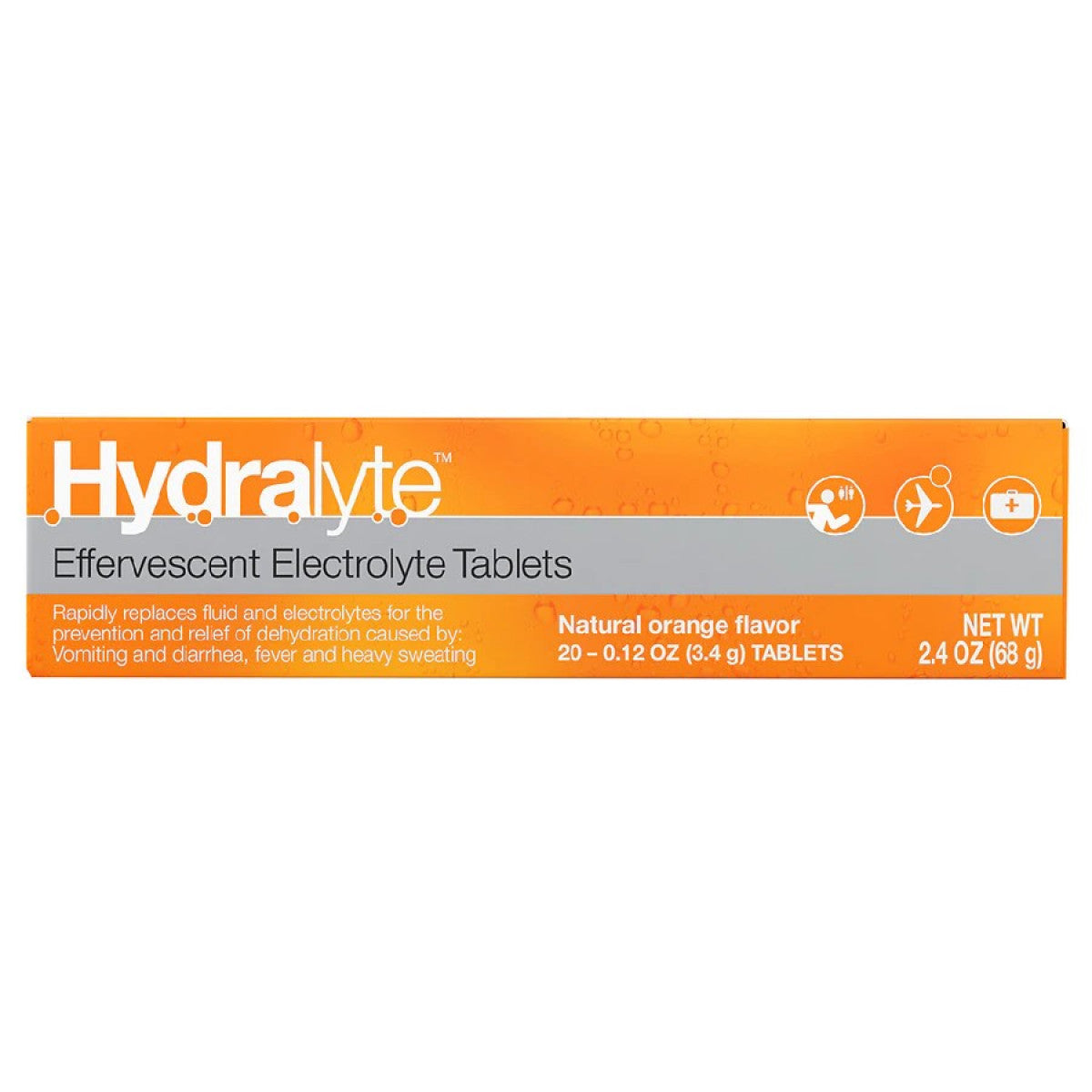 Hydralyte effervescent electrolyte tablets in natural orange flavor, supplement for hydration, by Pasteur Pharmacy.