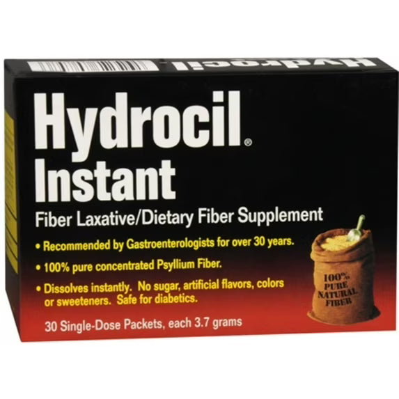 Hydrocil Instant Fiber Laxative from Pasteur Pharmacy, 30 sugar-free, unflavored single-serve packets for digestive relief.