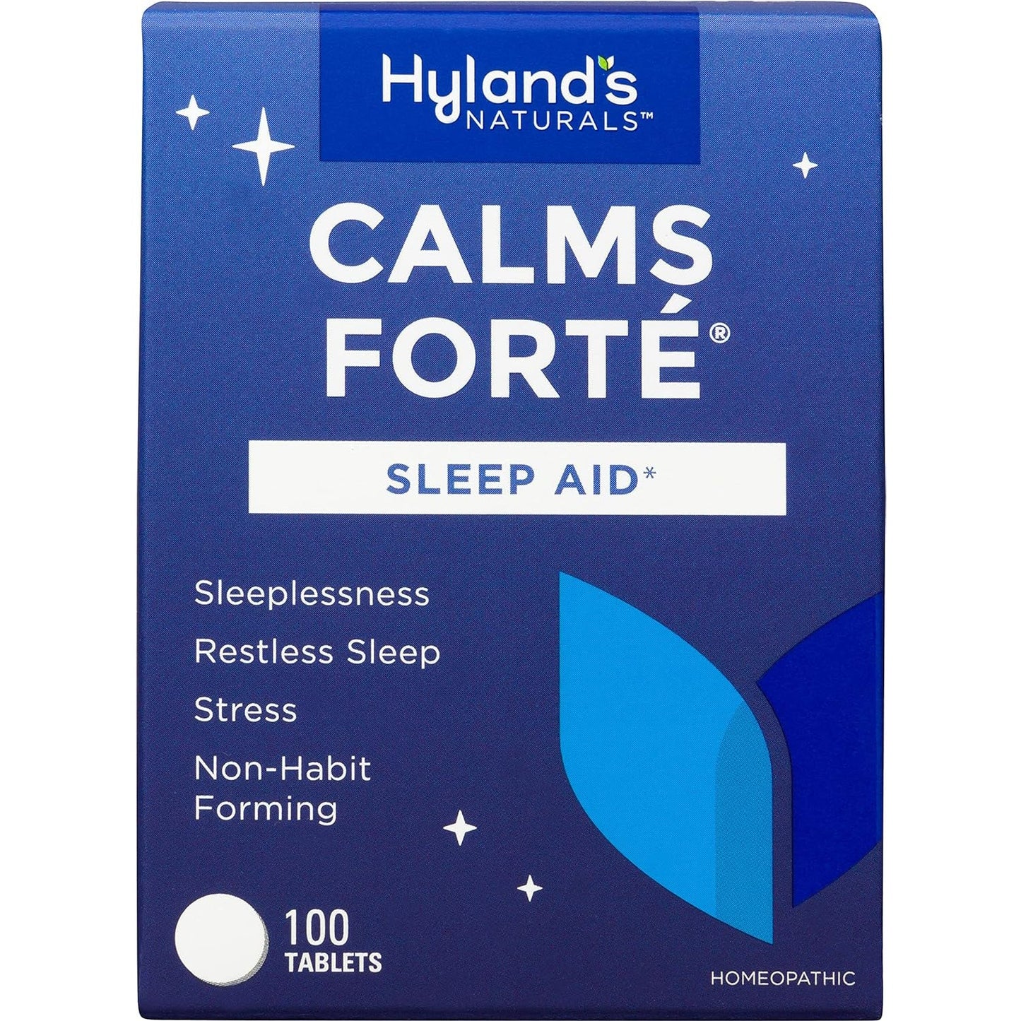 Hyland's Calms Forte sleep aid tablets in a bottle, natural vitamins and supplements for restful sleep from Pasteur Pharmacy
