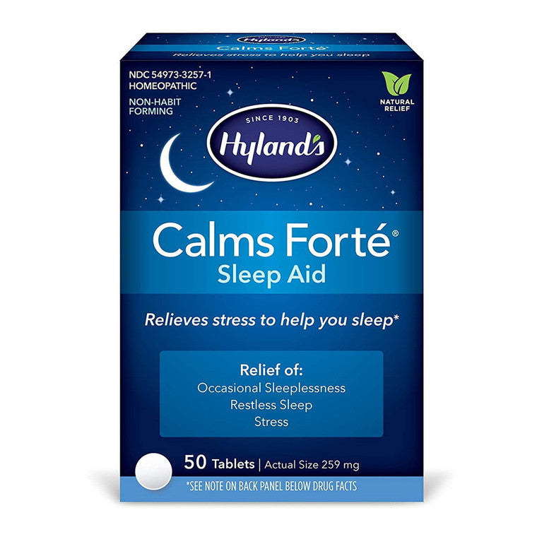 Hyland's Calms Forte sleep aid tablets, homeopathic vitamins and supplements, shown in blister packaging.