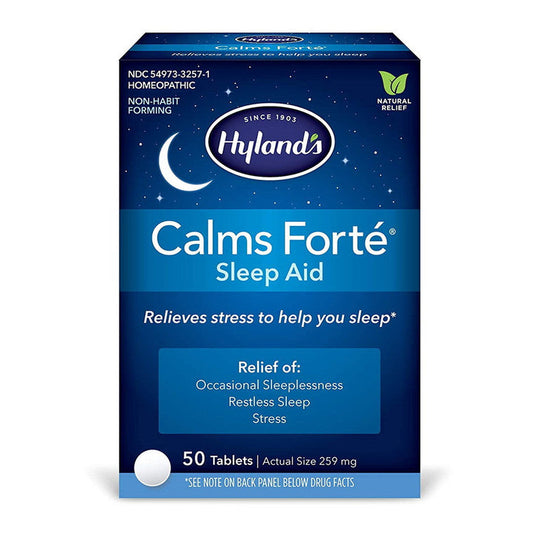 Hyland's Calms Forte sleep aid tablets, homeopathic vitamins and supplements, shown in blister packaging.